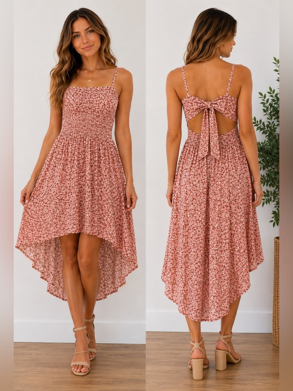 Blashe Los Angeles Floral Smocked Tie Back High Low Dress Pink Rayon NWT Large